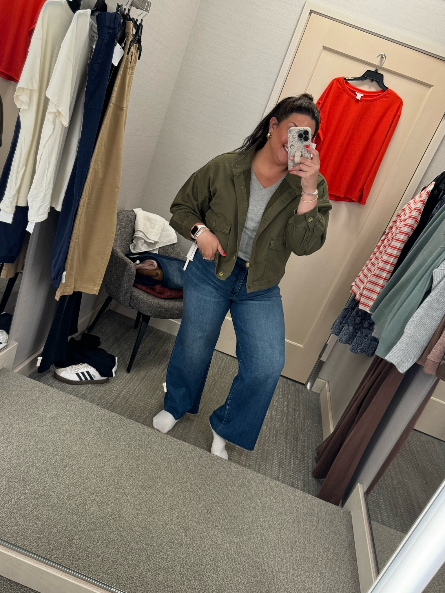 I’m obsesseddd with this outfit!! Size L jacket (I could have done a M because it was pretty big!) size XL tee and size 12 jeans. 

#LTKMidsize #LTKxNSale #LTKSaleAlert