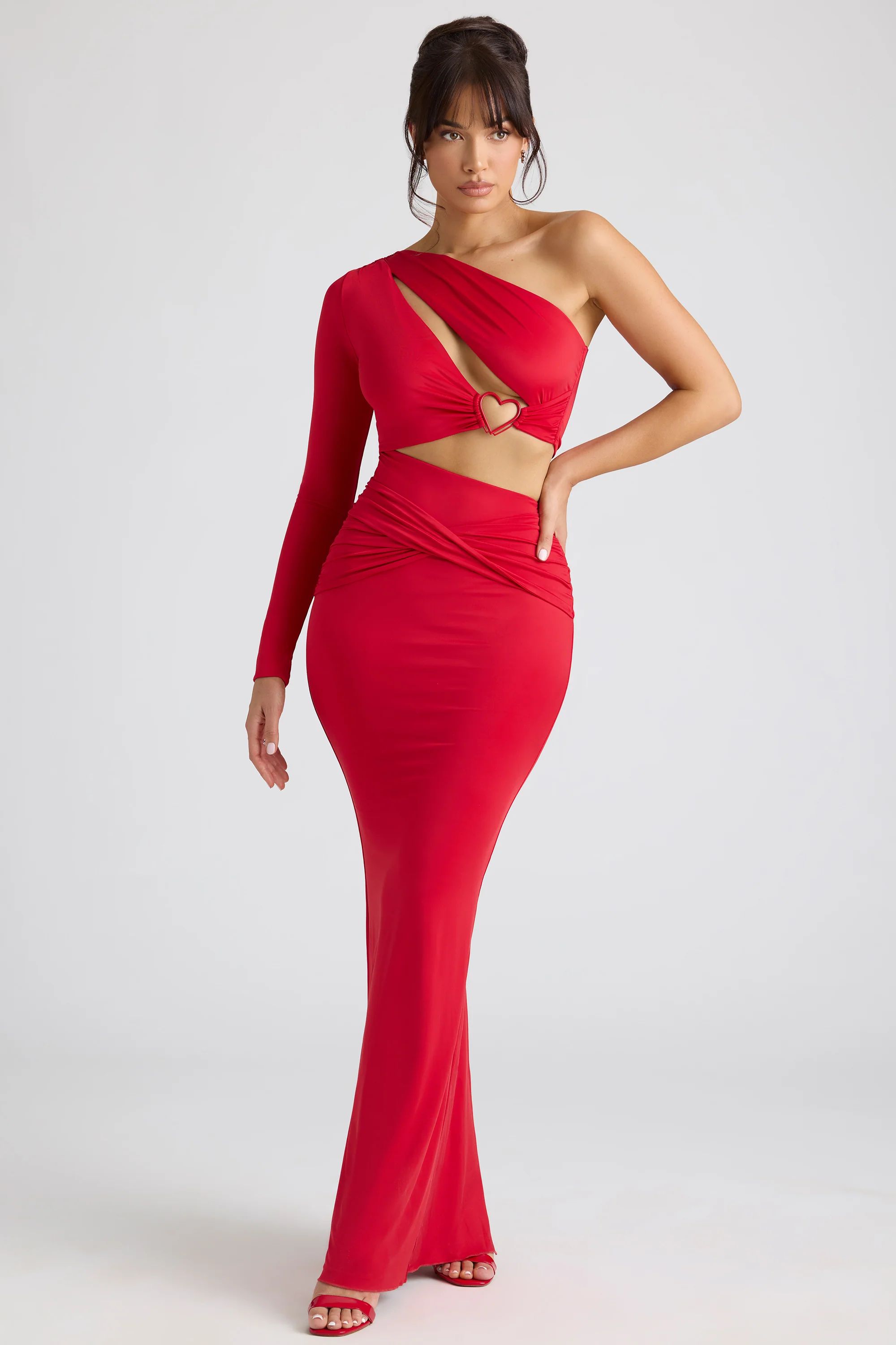 Single Sleeve Cut Out Evening Gown in Fire Red | Oh Polly