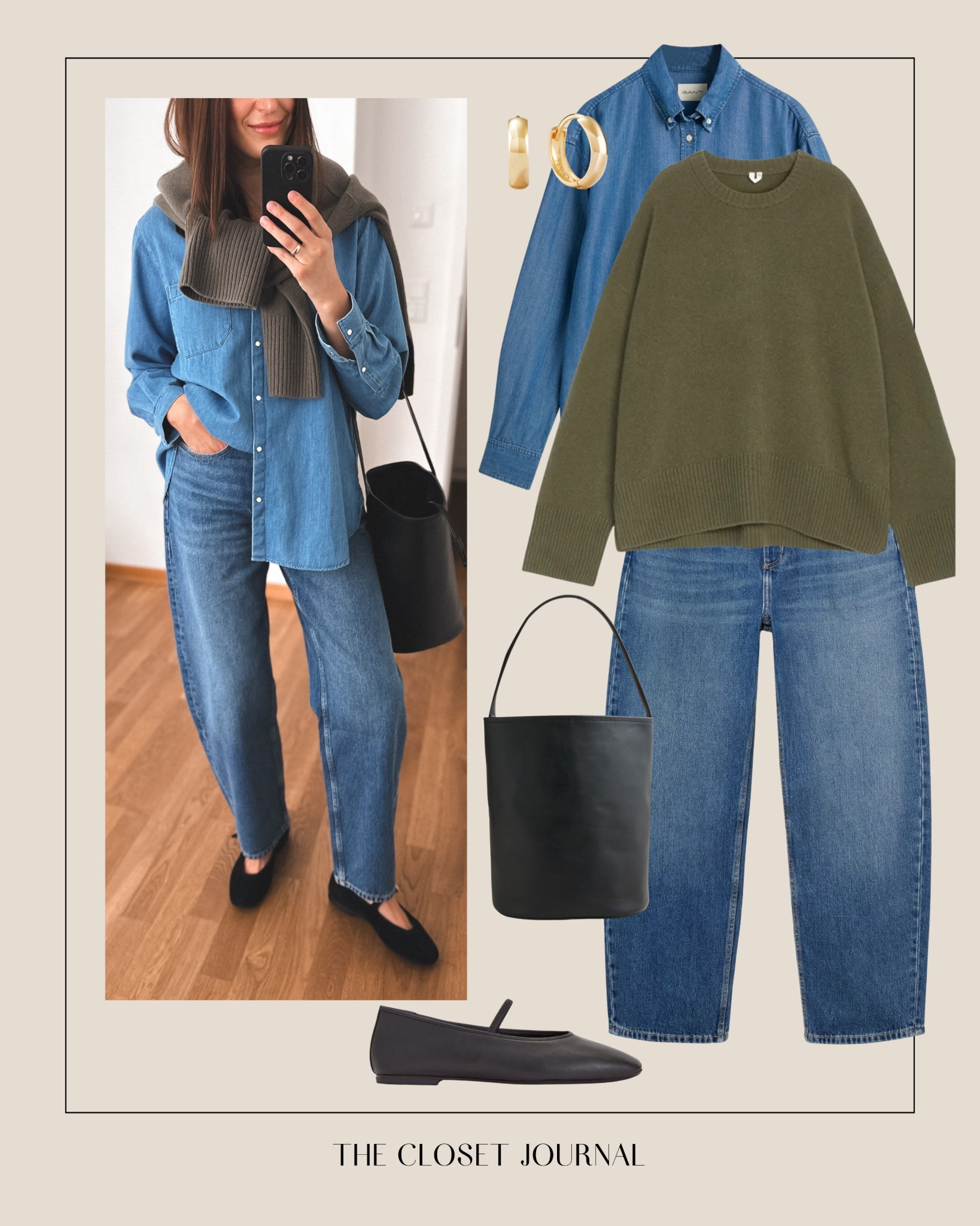 Total denim look - khaki sweater - autumn outfit ideas - teacher outfits