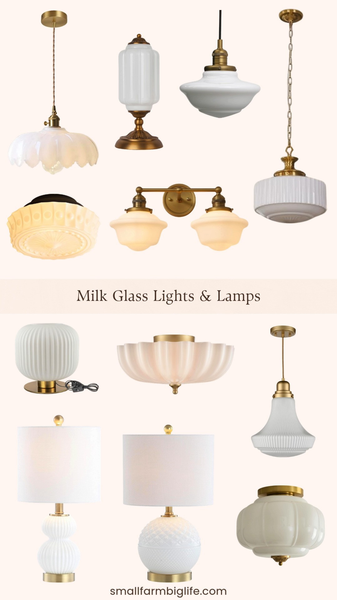 Milk glass lighting just gives that timeless, collected glow 🤍✨

From brass semi flush ceiling fixtures and vintage schoolhouse pendants to globe table lamps and double wall sconces, these Amazon milk glass finds feel classic but still fresh. I love pairing white glass shades with warm gold or brass for that soft mid century charm that works in kitchens, bedrooms, and bathrooms alike 💡🌿 

 #LTKstorytime #LTKHome