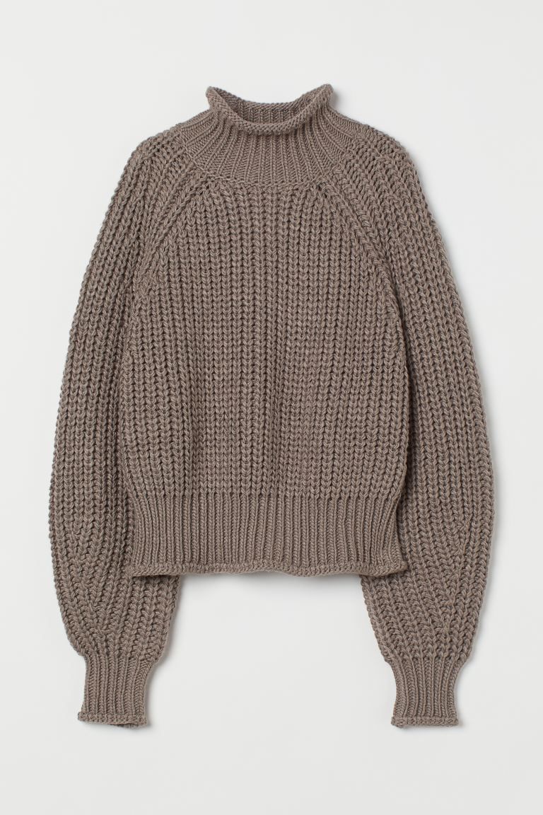 Boxy sweater in soft, knit fabric with wool content. Roll-edge mock turtleneck, long, wide raglan... | H&M (US + CA)