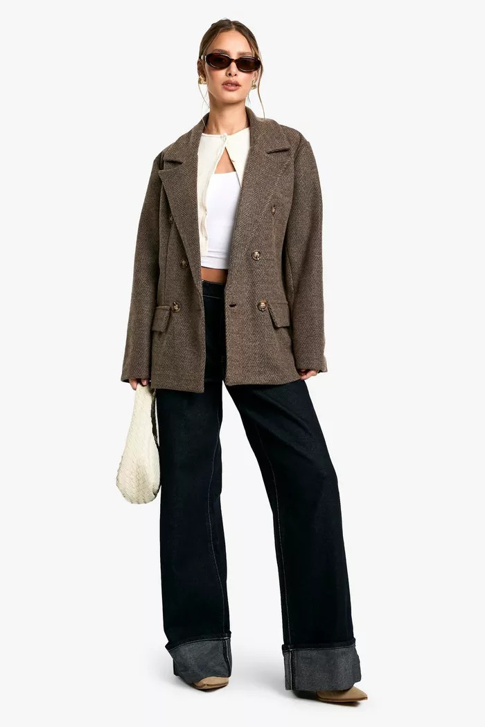 Herringbone Wool Look Double Breast Blazer | boohoo (US & Canada)
