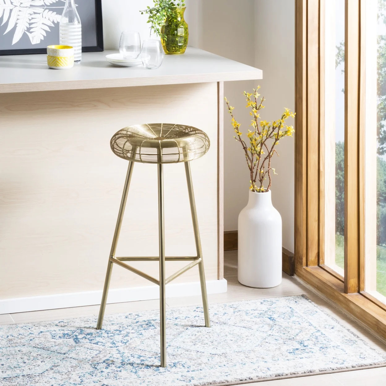 SAFAVIEH Addison Mid-Century Retro Wire Weaved Barstool, Gold | Walmart (US)