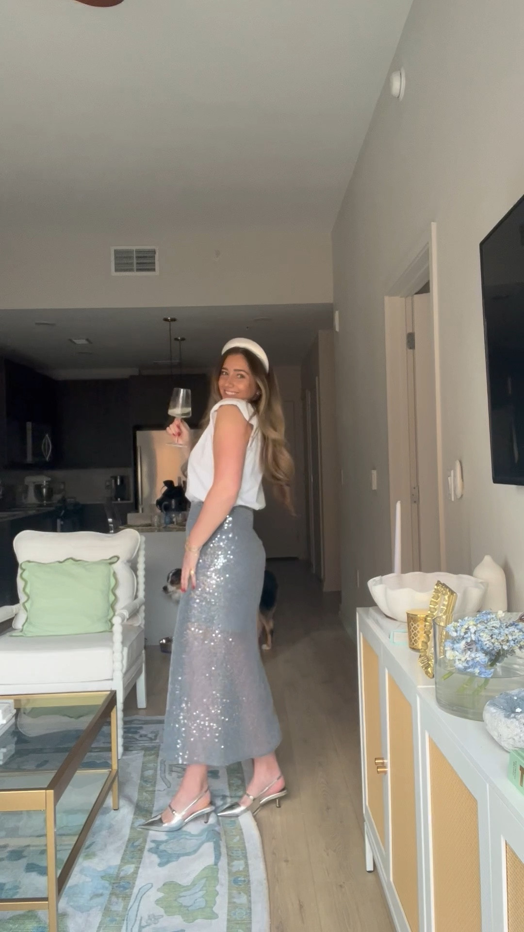 A fun little date night outfit! 

Whit shirt, headband, white headband, sequin skirt, midi skirt, silver heels 

#LTKU #LTKParties #LTKShoeCrush