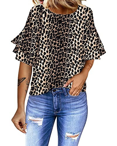luvamia Women's Casual 3/4 Tiered Bell Sleeve Crewneck Loose Tops Blouses Shirt C Leopard Printed Size S | Amazon (US)