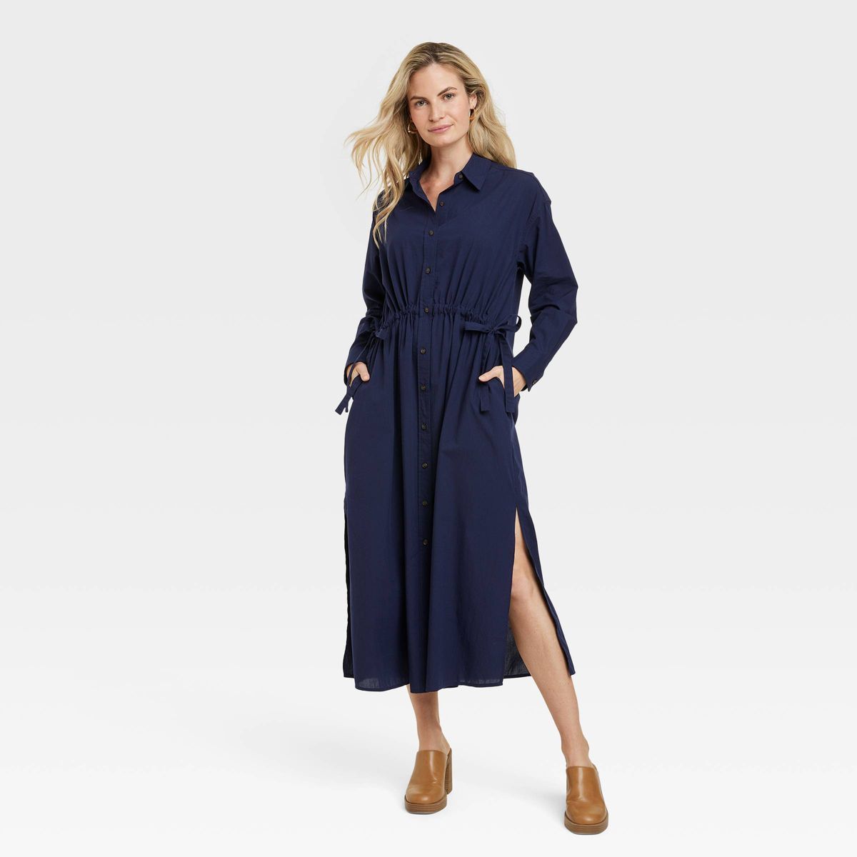 Women's Long Sleeve Cinch Waist Maxi Shirtdress - Universal Thread™ Navy Blue S | Target