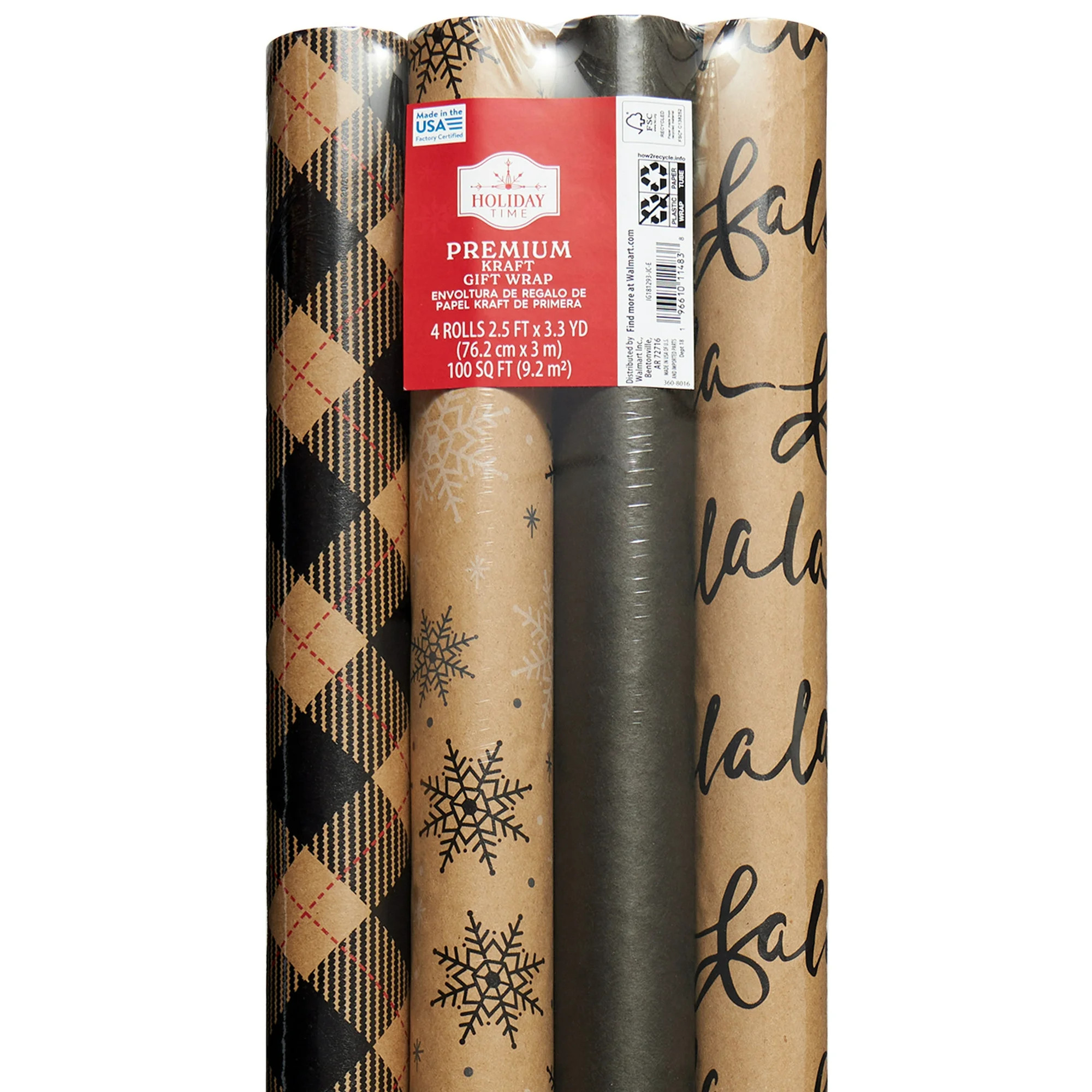 Kraft Gift Wrap, 4 Roll Multi-Pack Brown Black White Kraft Paper, 30 in, 100 Sq ft, by Holiday Ti... | Walmart (US)