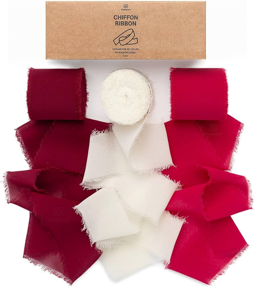 Vitalizart Red Handmade Chiffon Silk Ribbon Fringe 1.5" x 21 Yd Frayed Edges Ribbons for Wedding ... | Amazon (US)