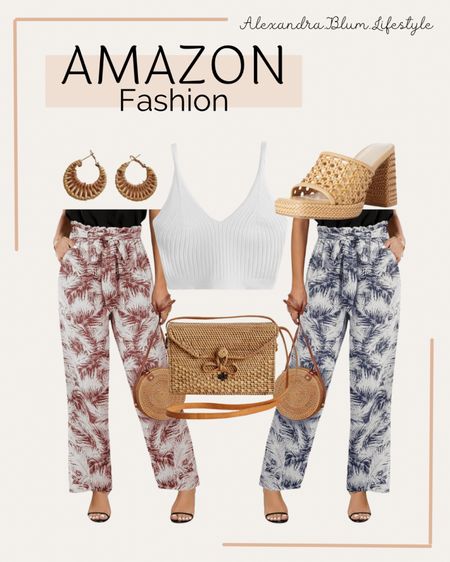 Vacation outfit idea from Amazon! Paper bag print pants, white sweater tank top, vacation sandals, rattan purse, and earrings! Amazon fashion! Amazon trends! 

#LTKTravel #LTKFindsUnder50 #LTKStyleTip