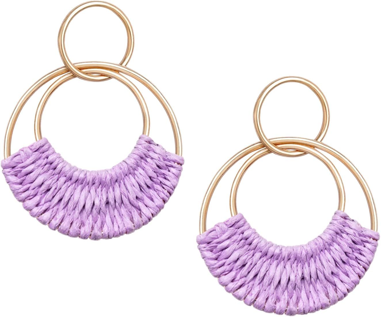 SELFWIMG Raffia Hoop Earrings for Women Girls Fun Boho Summer Beach Earrings Lightweight Handmade... | Amazon (US)