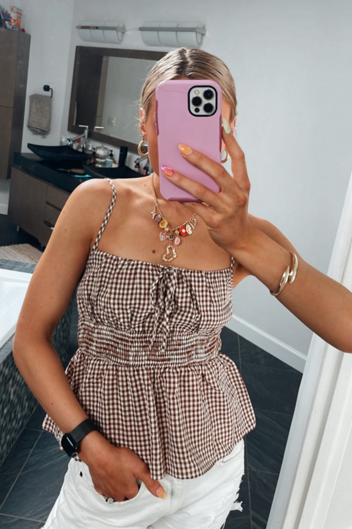 Summer accessory details ☀️ 
Full outfit on previous post!

• Brown Gingham Peplum Tank: Princess Polly (size 4 - TTS)

• Gold Charm Necklace: Princess Polly (specific style sold out, linking similar cute pieces!)

• Gold Cuff Bracelet: Princess Polly

• Chunky Gold Earrings: Express (old - linking similar pieces!)



#LTKFindsUnder50 #LTKStyleTip #LTKFindsUnder100