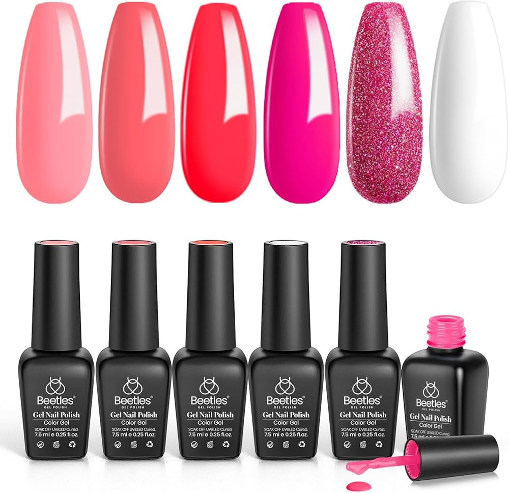Beetles Gel Nail Polish Set - 6 Colors Hot Pink Rose Red Summer Nail Gel Polish Kit White Gel Nai... | Amazon (US)