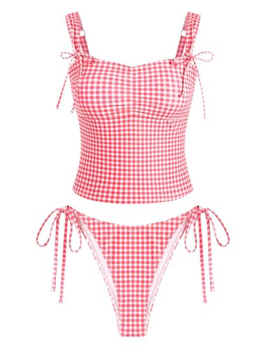 ZAFUL Women's Gingham Ruched Bowknot Decor Cinched Back Tankini Set Tummy Control 2 Piece Bikini Swimsuits (1-Red, Medium) | Amazon (US)