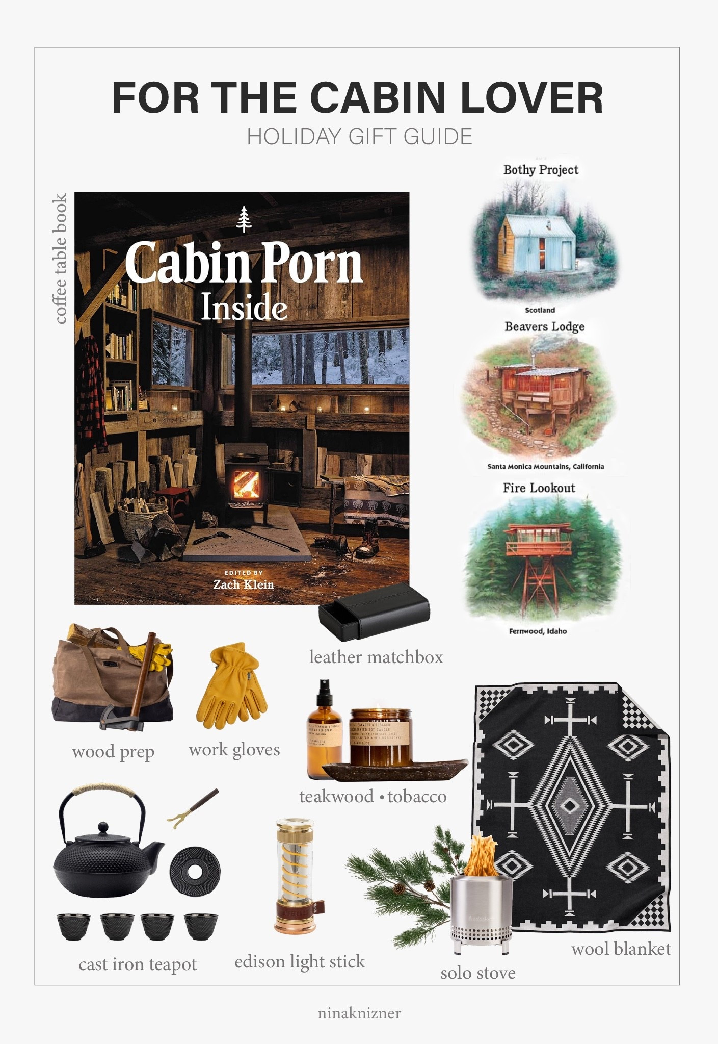 Holiday Gift Guide for the Cabin Lover.

Came across this Cabin Porn book at a treehouse I rented in Oregon. It  illustrates values of slow living, community, and being one with nature. 

Years ago I came across Barebones, a beautiful artisanal outdoor brand and love it to this day. Owned their forest lantern for years and use it on every road trip. Just ordered their gathering bag and prunes for when I go foraging for mushrooms or collecting pinecones and branches. Can’t wait to use it! 

Candlefy is one of my favorite brands for luxurious natural scents. The Big Sur is so perfect for winter. Love that it’s not your typical Christmas scent, but still transports you the woodsy landscapes.

- Amazon Cabin Porn Inside Coffee Table Book
- Barebones Wood Prep
- Barebones Yellow Work Gloves
- Amazon Black Leather Matchbox
- Amazon Cast Iron Teapot in black
- P.F. Candle Co. Teakwood & Tobacco Room & Linen and Soy Wax Candle
- Barebones Edison Light Stick
- Crate & Barrel Solo Stove 
- Pendleton Los Ojos Wool Blanket 


#outdoors #hiking #camping #mountains #getaway #roadtrip #cabin #coffeetablebook #candle #waxcandle #wintercandle #christmascandle #gift #giftsforher #giftsforhim #blanket #wool #gloves #forest #holiday #holidaygift #christmas #christmasgift