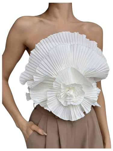 OYOANGLE Women's 3D Flower Decor Strapless Sleeveless Bandeau Top Slim Fit Solid Cropped Tube Top... | Amazon (US)