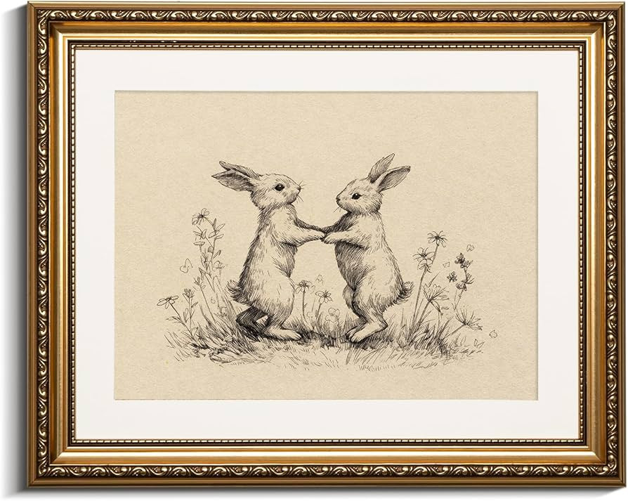 VIYYIEA Funny Easter Gold Framed Wall Art Rabbit Duet Dance Canvas Prints, Vintage Bunny Home Dec... | Amazon (US)