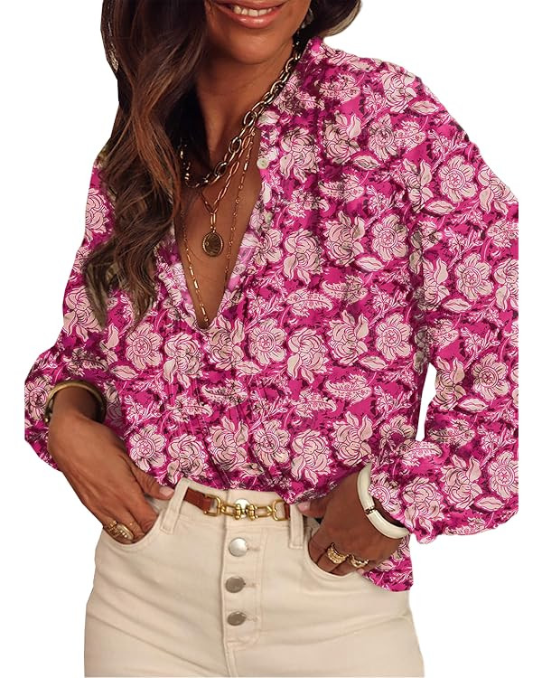SHEWIN Women's Tops Casual V Neck Long Sleeve Shirts Floral Boho Blouses Tunics | Amazon (US)