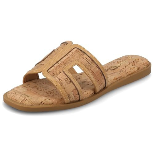 Journee Collection Womens Primah "H" Band Slip On Flat Sandals Cushioned Open Square Toe Patterned Spring Summer Shoe Cork 6.5 Medium WOMENS US | Amazon (US)