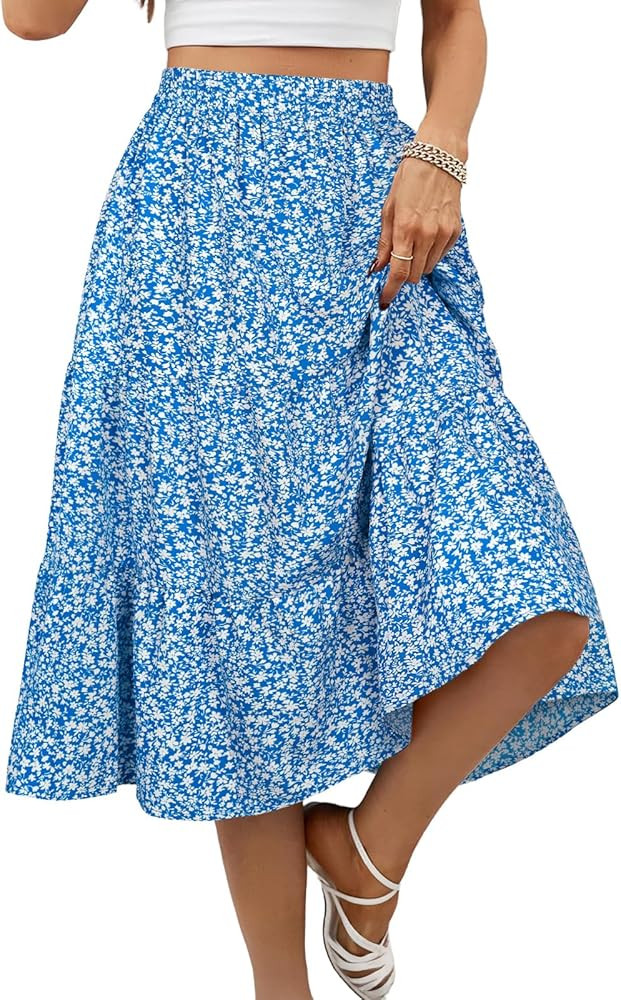 Women's Floral Midi Skirt with Pockets High Elastic Waist Flowy Ruffle Casual Summer Boho Aline S... | Amazon (US)