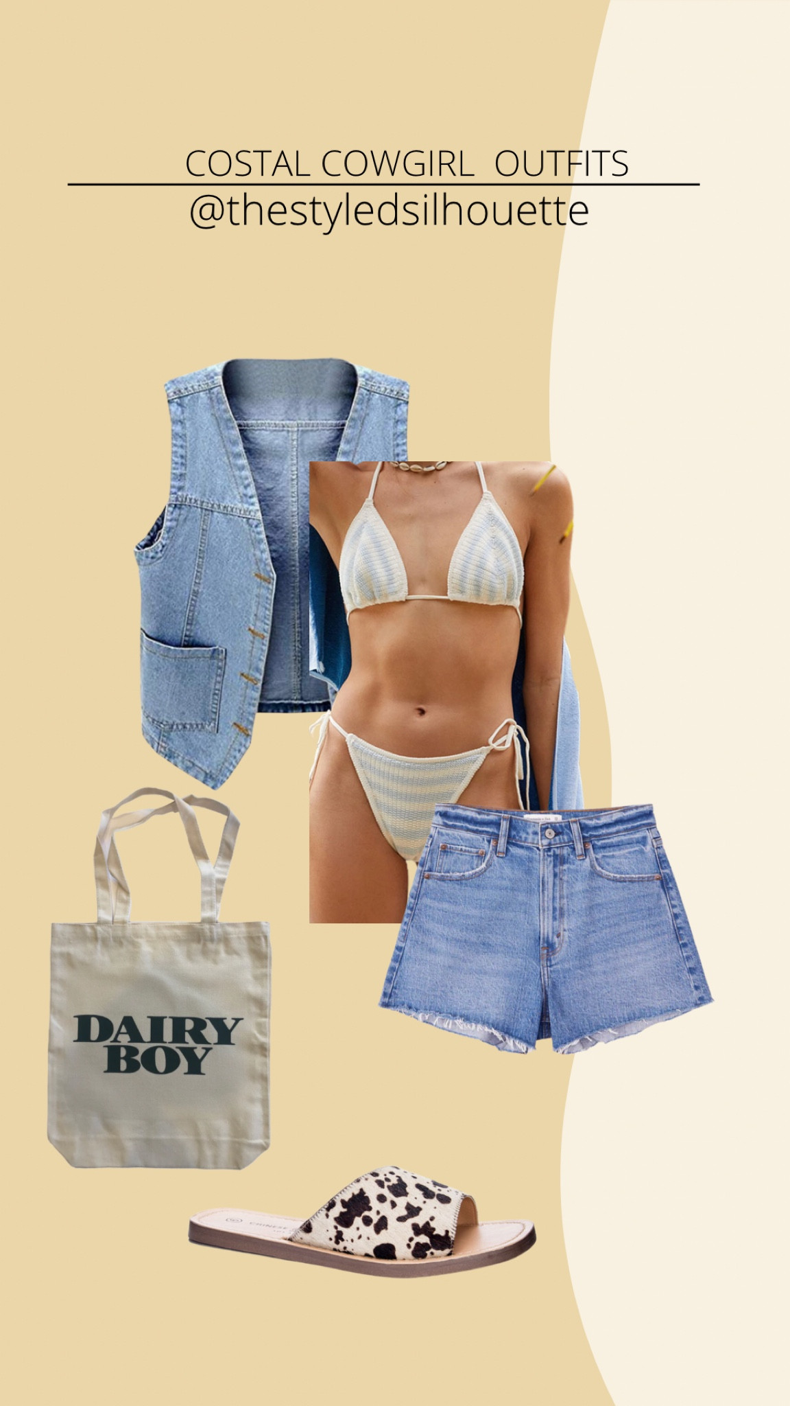 Costal cowgirl// crochet bikini// denim shorts// denim vest// dairy boy bag// cowhide slides 

#LTKsalealert #LTKstyletip #LTKSeasonal