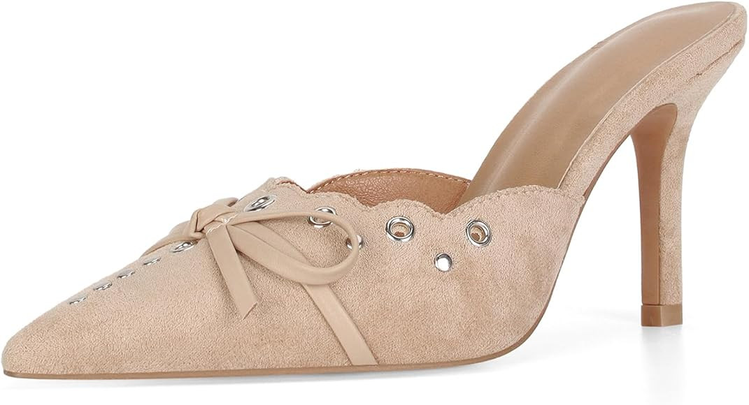 DOEYG Women Pointed Toe Bow Heels Mules Slip on Stiletto Heels Sandals Dress Party Wedding Studde... | Amazon (US)