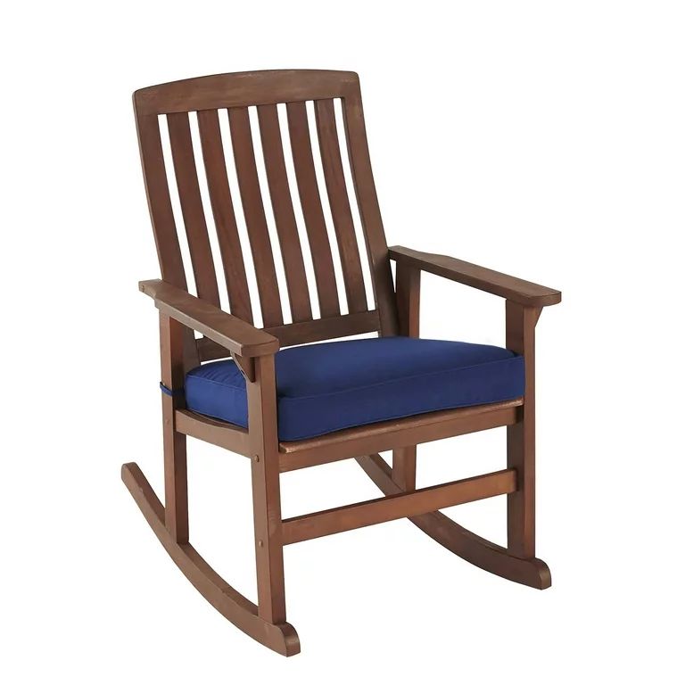 Better Homes & Gardens Delahey Outdoor Wood Rocking Chair, Blue Cushion | Walmart (US)