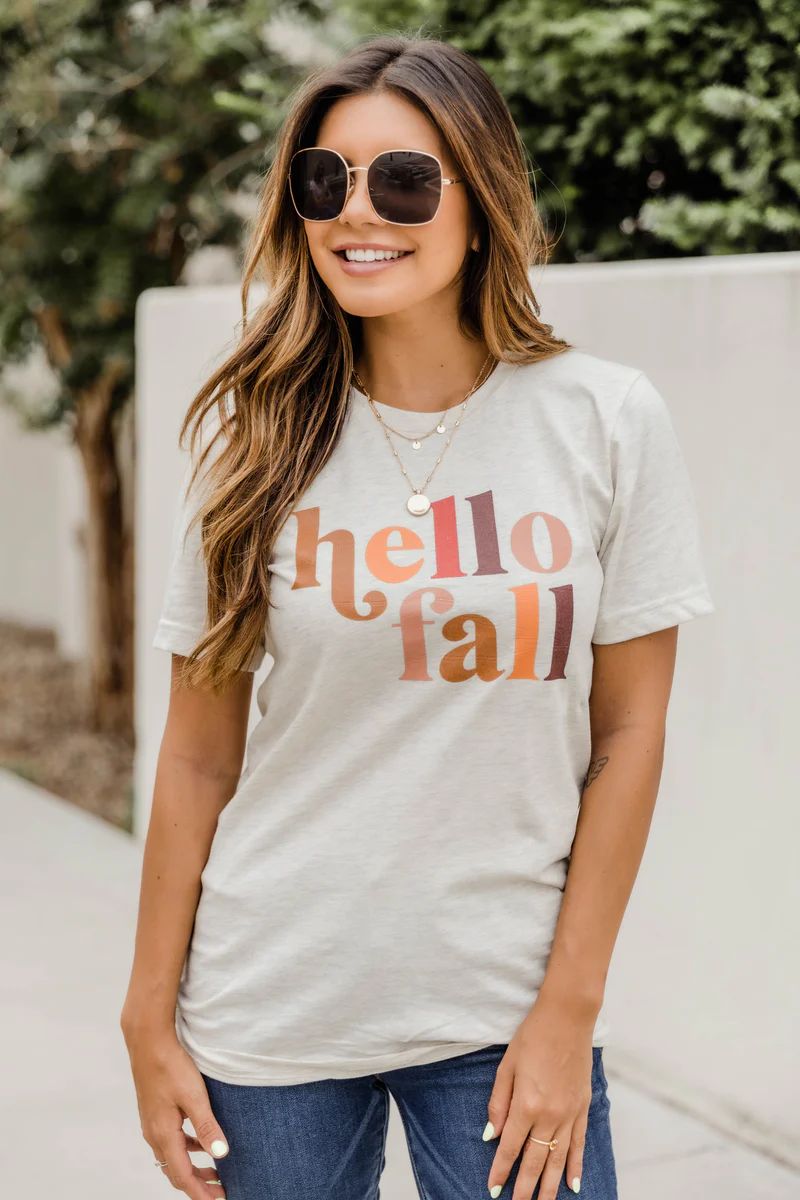 Hello Fall Multicolor Graphic Oatmeal Tee | Pink Lily