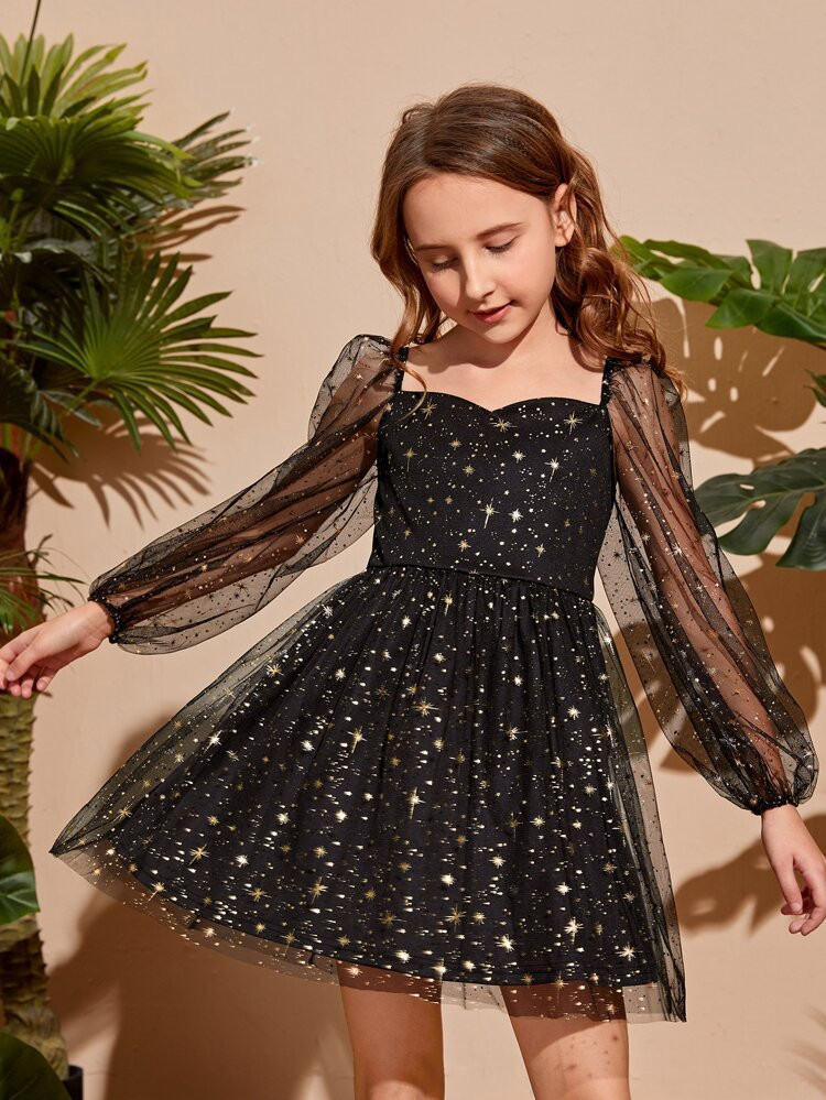 SHEIN Girls Gold Star Mesh Overlay Dress | SHEIN