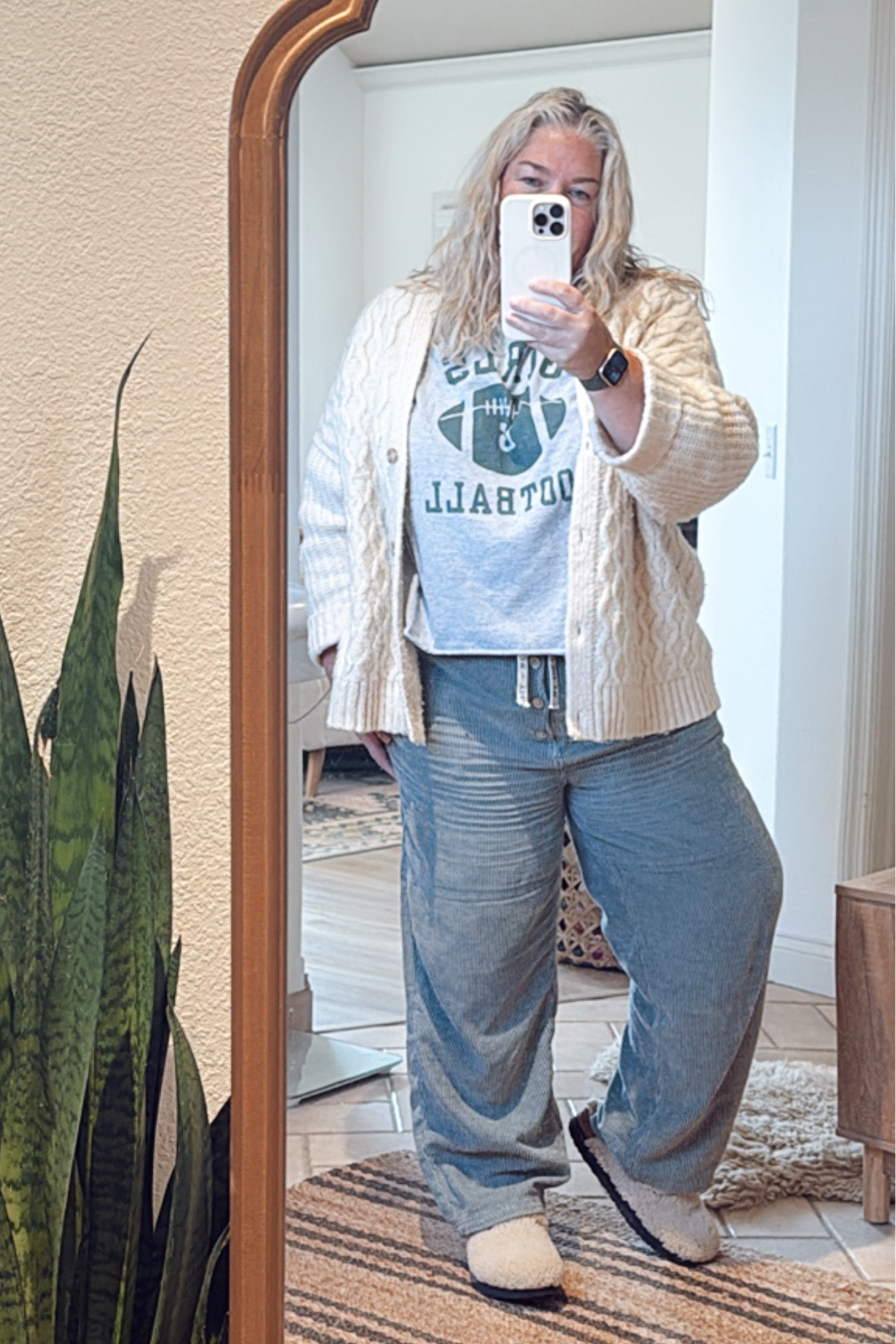 Cozy Winter Outfit with my fave Free People cords and any Grandpa cardigan!  You can easily thrift a cardigan like this! Tee is my fun “friends” look alike! #friends #winteroutfits #cardigann

#LTKSeasonal #LTKOver40 #LTKMidsize