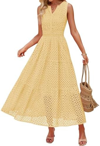 ZESICA Women's 2026 Summer Sleeveless Maxi Dress Casual V Neck Hollow Out Eyelet A Line Flowy Par... | Amazon (US)