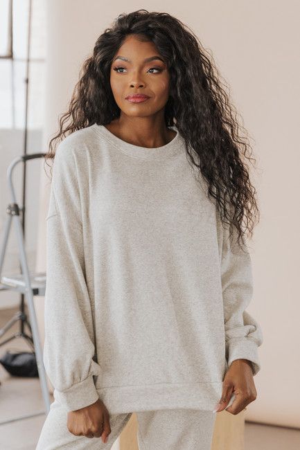 Light Heather Grey French Terry Crewneck Top | Magnolia Boutique