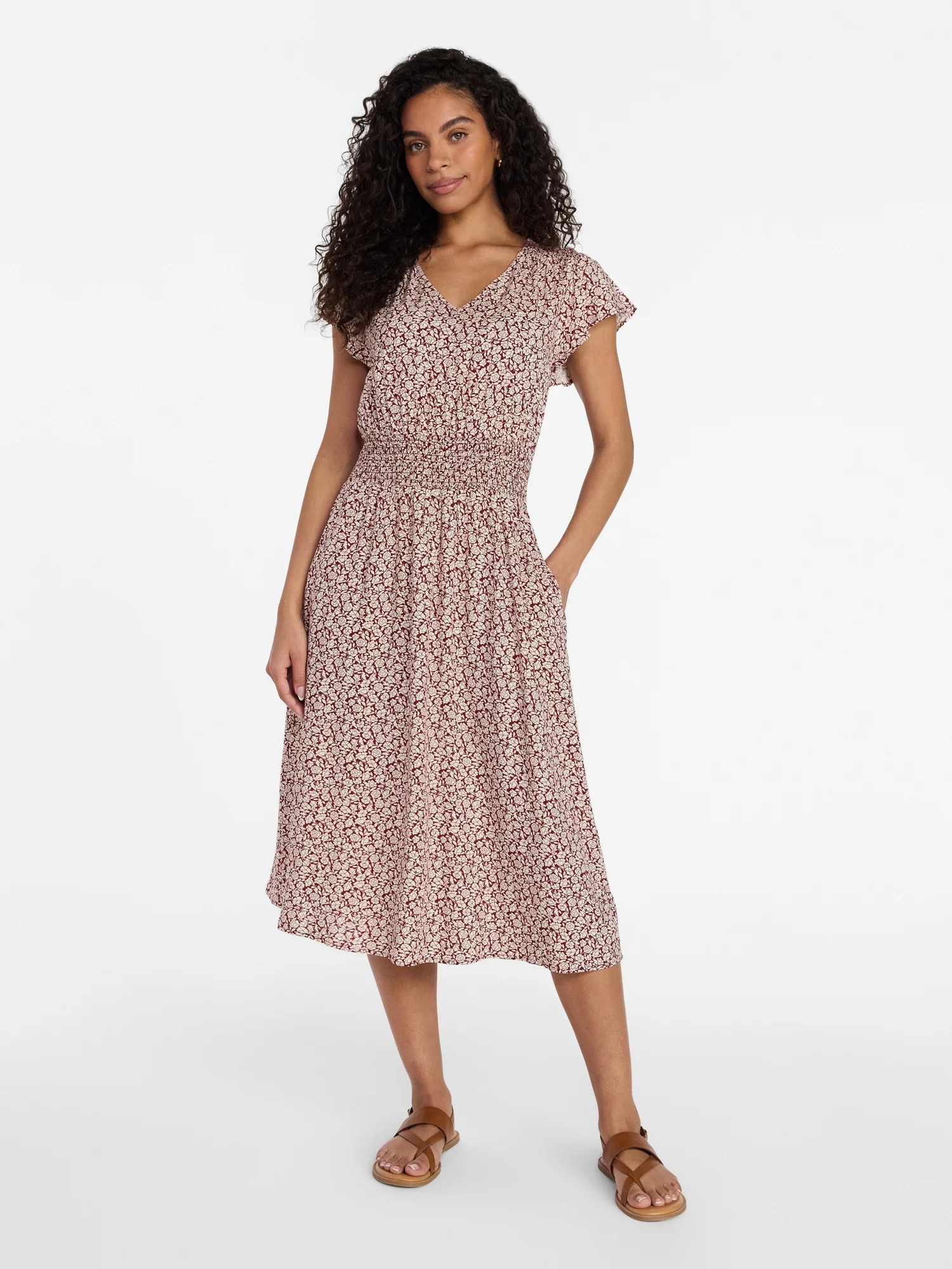 Time and Tru Women’s and Women’s Plus Smocked Waist Midi Dress with Flutter Sleeves, Sizes XS... | Walmart (US)