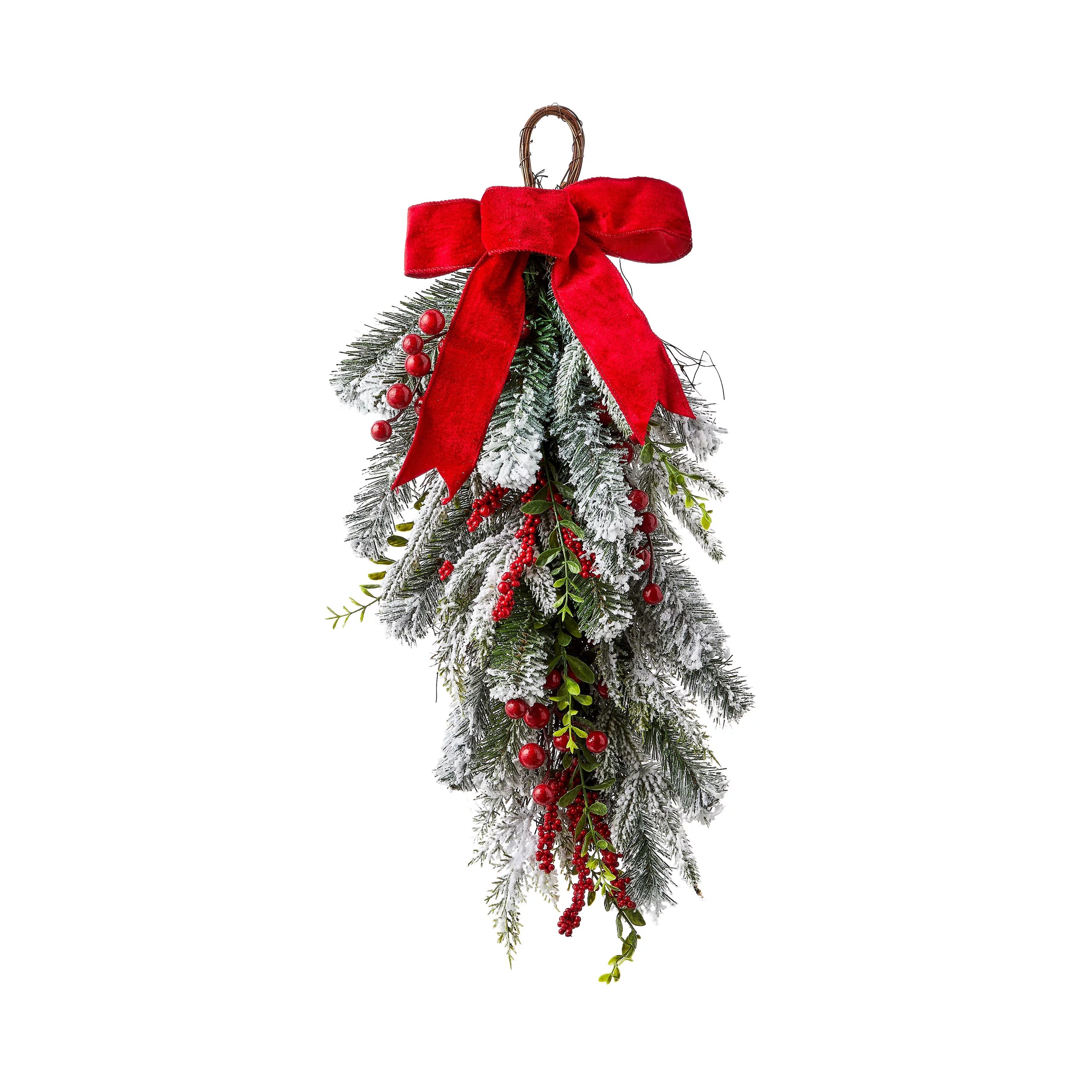 Snow Covered Flocked Cedar Green Christmas Decorative Swag with Red Bow, 32 in length 9 in height... | Walmart (US)