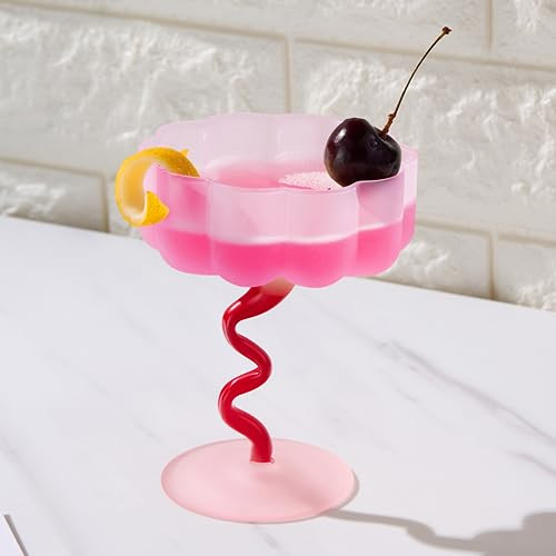 Khen Colorful Wiggly Spiral Cocktail Coupe Glass | Fun Swirly Squiggly Stem Dessert Glass | Frosted Pink & Red Colored Pastel Flower Shaped Glasses, Unique Goblet, Cocktails & Wine Glassware | Amazon (US)