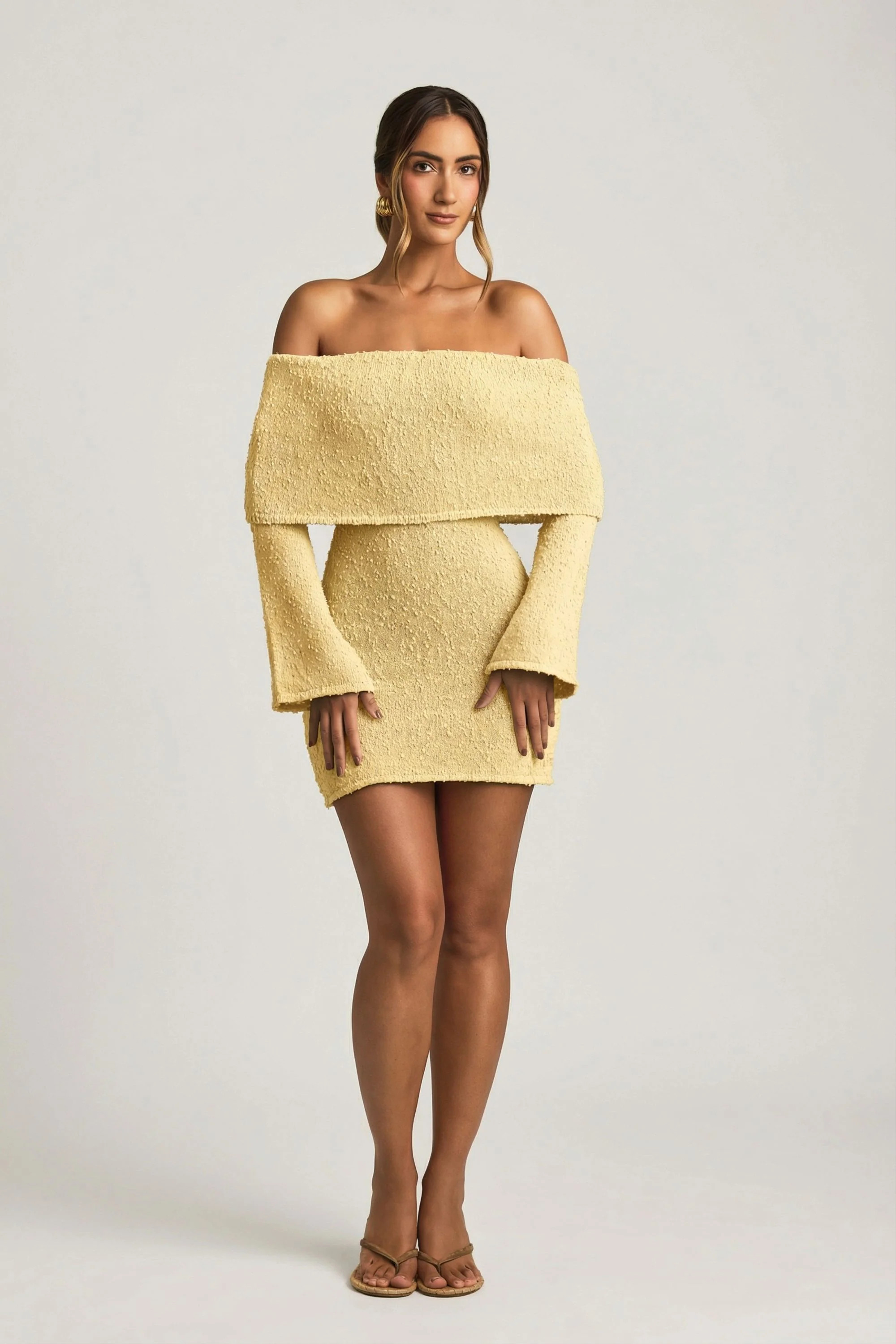 Bouclé Off-Shoulder Mini Dress in Yellow | Oh Polly