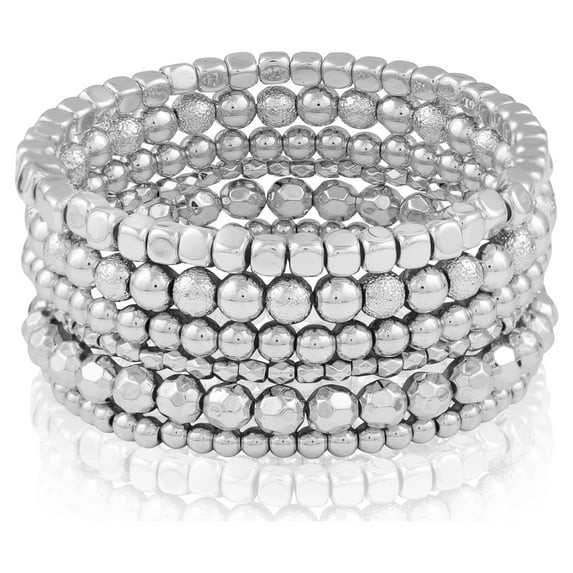 Time and Tru Women's Silver-Tone Beaded Stretch Bracelet Set, 6-Piece | Walmart (US)