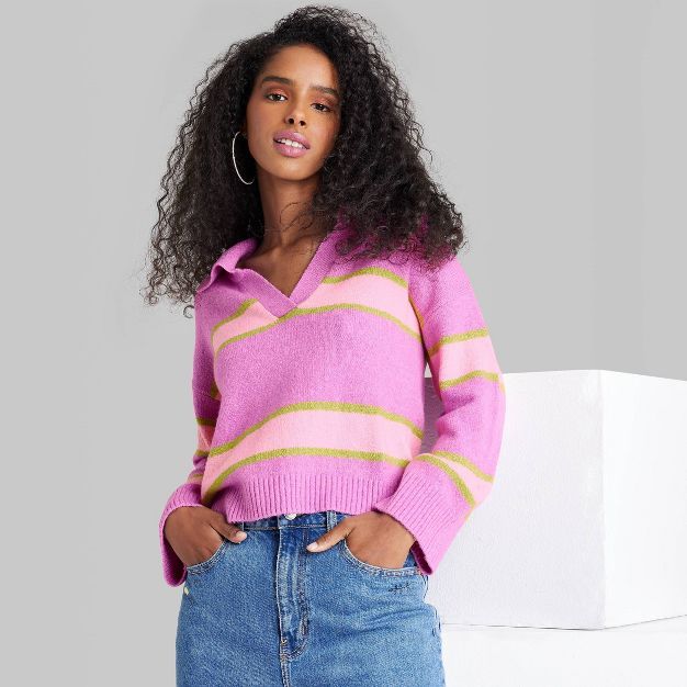 Women&#39;s Slouchy Collared Pullover Sweater - Wild Fable&#8482; Purple Striped M | Target