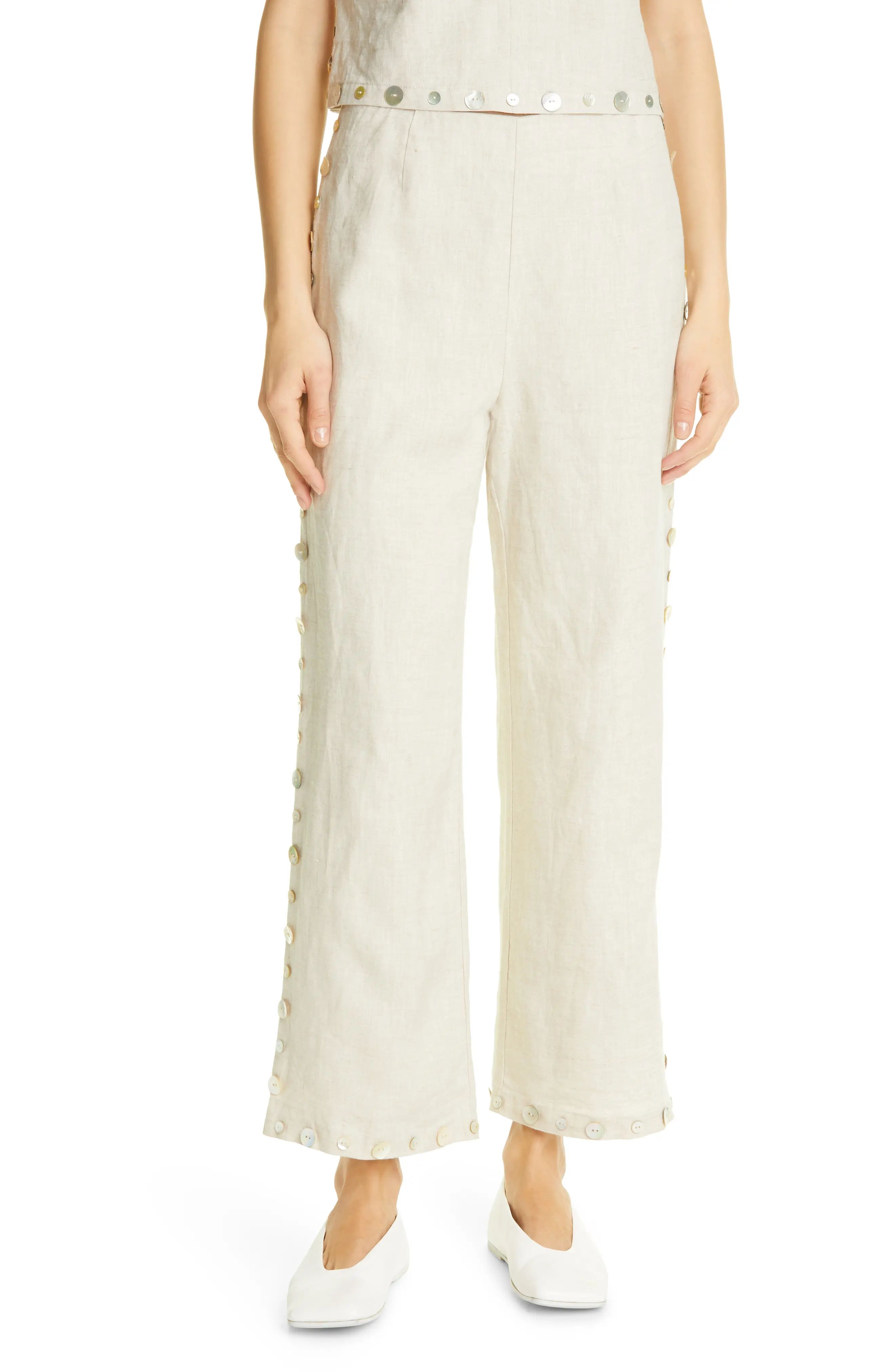 STAUD Ravella Button Trim Linen Pants in Natural at Nordstrom, Size 4 | Nordstrom