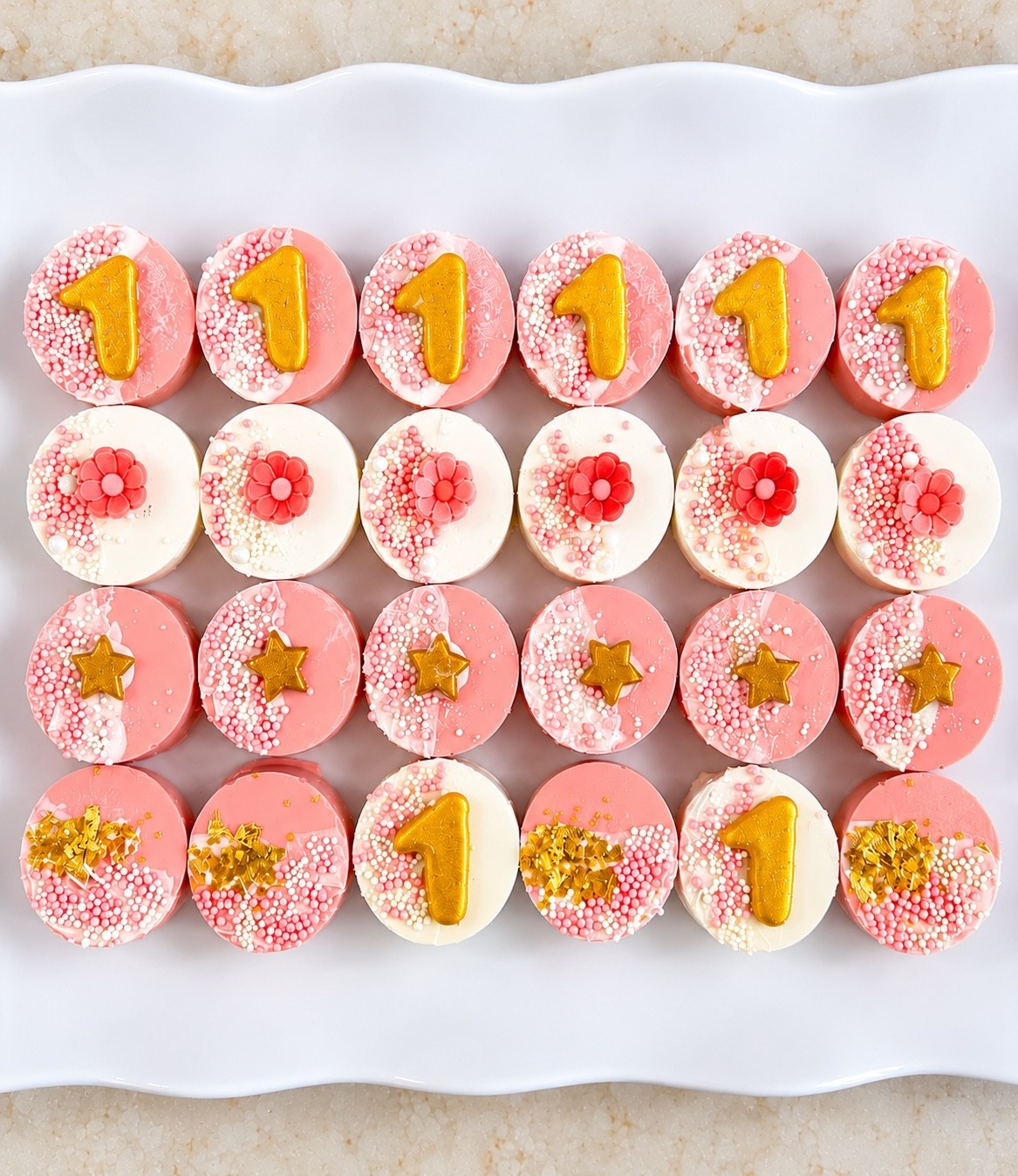 Celebrating my granddaughter’s 1st birthday with the sweetest DIY chocolate-covered Oreo cookies! 💕✨ Featuring pink and white chocolate, edible gold accents, florals, stars, and gold “1” toppers for the perfect first birthday dessert table. 

#LTKParty #LTKCelebrations #LTKHome #LTKSeasonal #LTKFamily