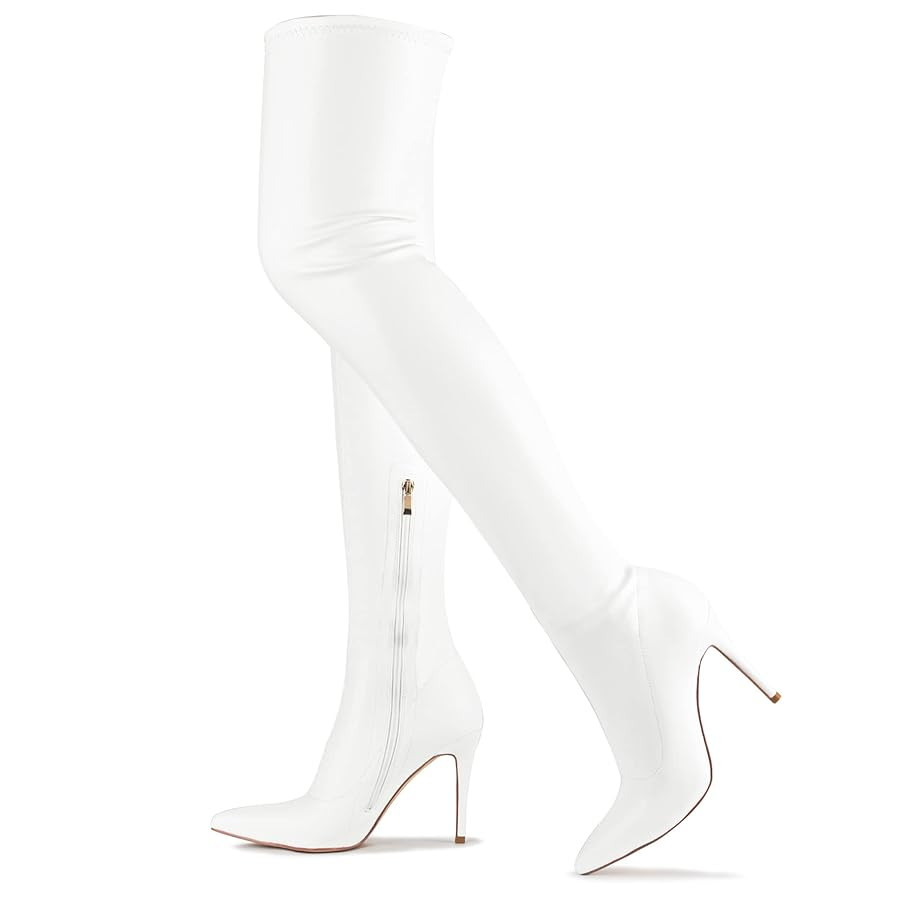 CAMSSOO Women's Thigh High Boots Faux Suede Elasticity Heels Over The Knee Boots Side Zip Pointed... | Amazon (US)