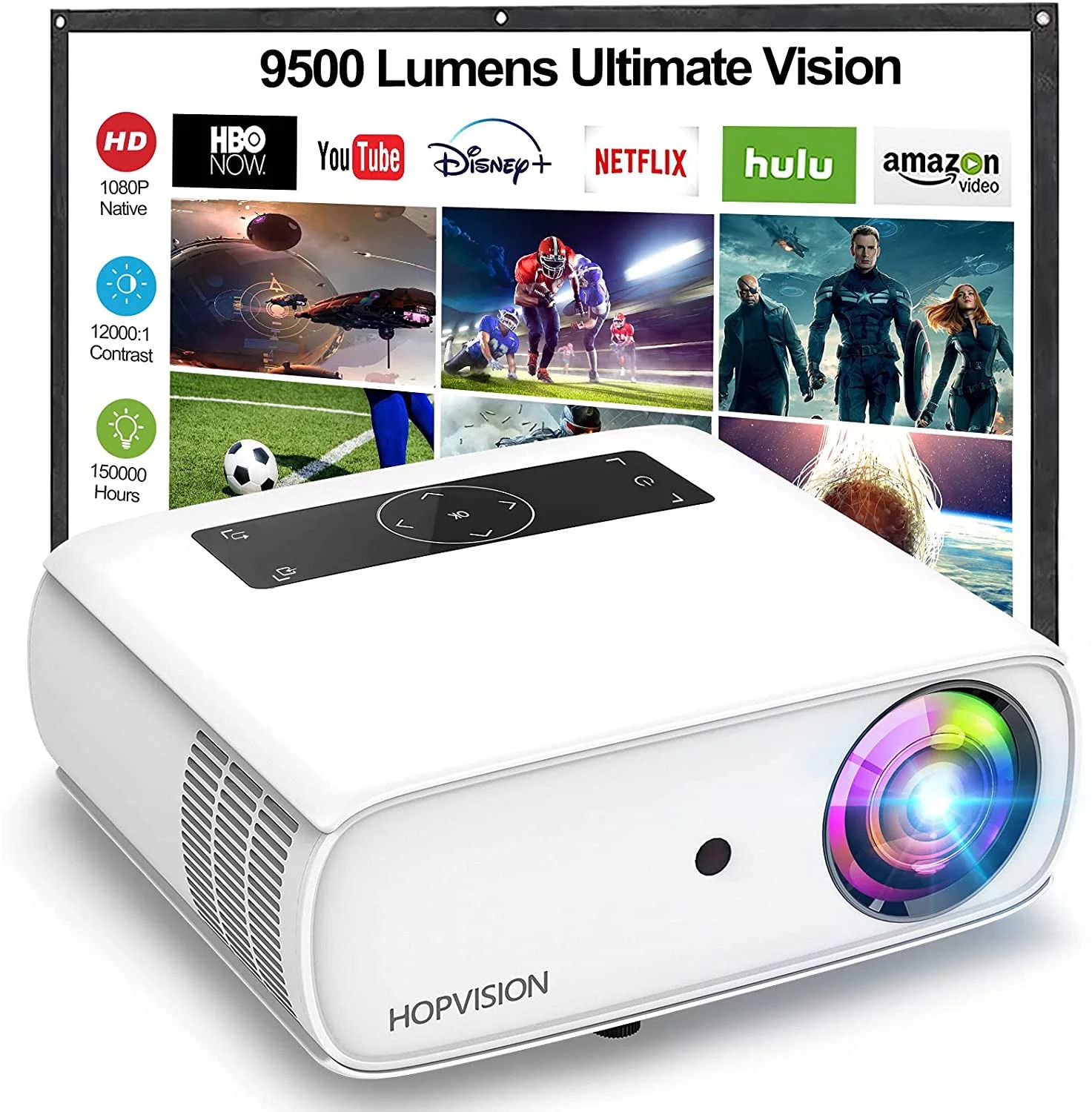 HOPVISION Native 1080P Projector Full HD, 9500Lux Movie Projector with 150000 Hours LED Lamp Life... | Walmart (US)