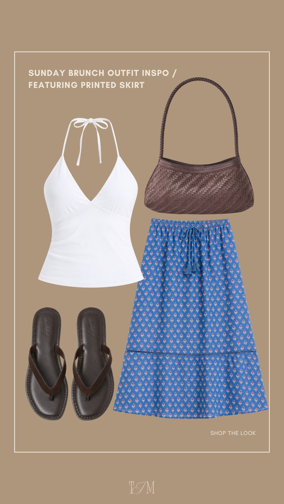 Such a cute Sunday brunch look - a white halter top paired with a printed midi skirt, brown sandals and a woven shoulder bag.
wedding guest dress summer, summer outfits over 40, summer dresses, country concert outfits, vacation outfits beach, date night outfits, teacher outfits, plus size fashion, work outfits, business casual workwear 

 #LTKgrwm #LTKootd #LTKSeasonal