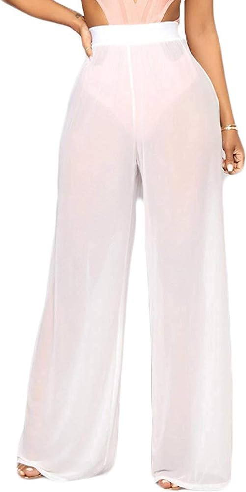 Women Sexy See Through Sheer Mesh Loose Bottoms, Swimsuit Bikini Cover Up, High Waist Wide Leg Pa... | Amazon (US)