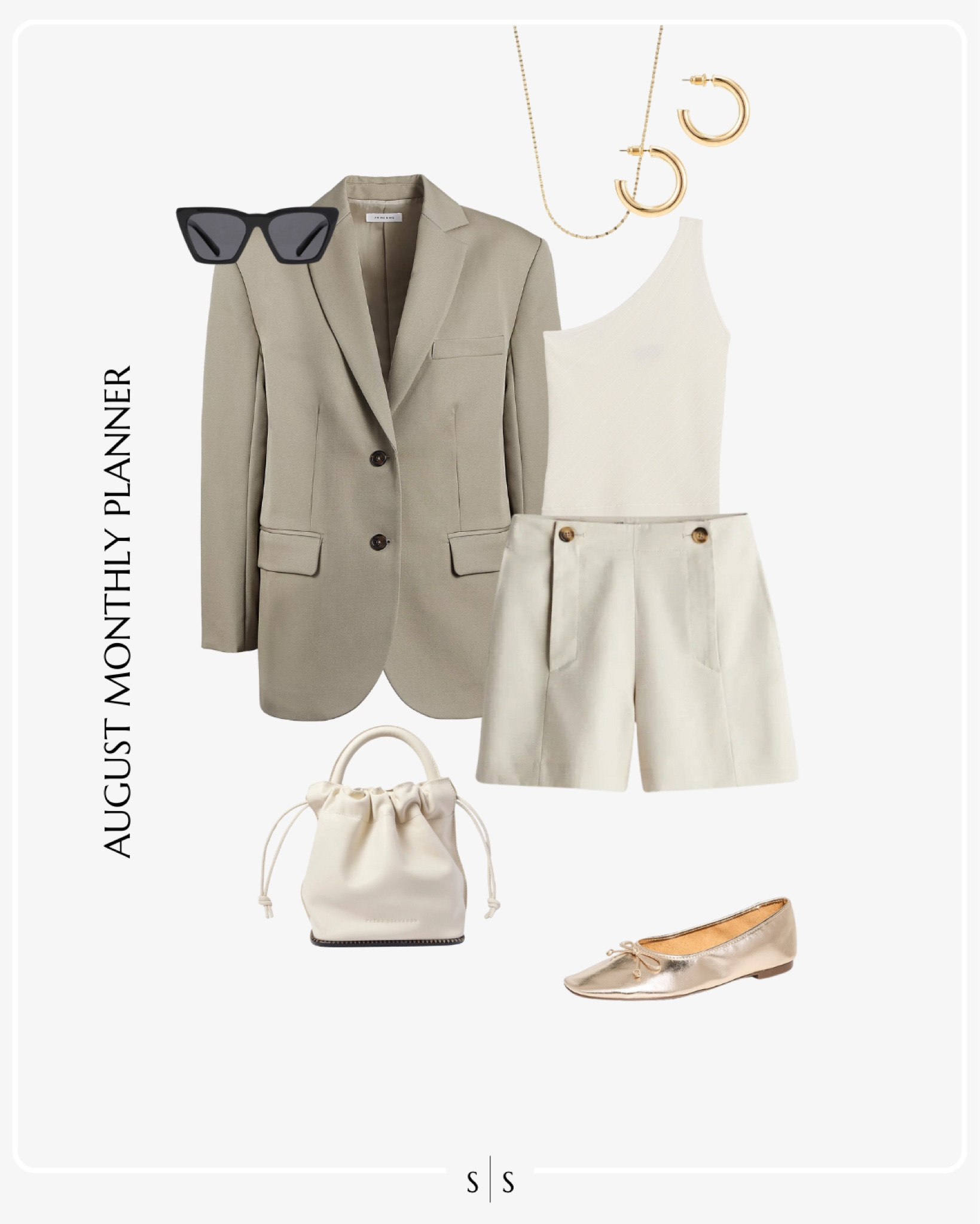 Monthly outfit planner AUGUST: Summer to Fall transitional looks | green blazer, asymmetrical tank, linen shorts, metallic ballet flats, bucket bag

See the entire calendar on thesarahstories.com ✨ 


#LTKStyleTip