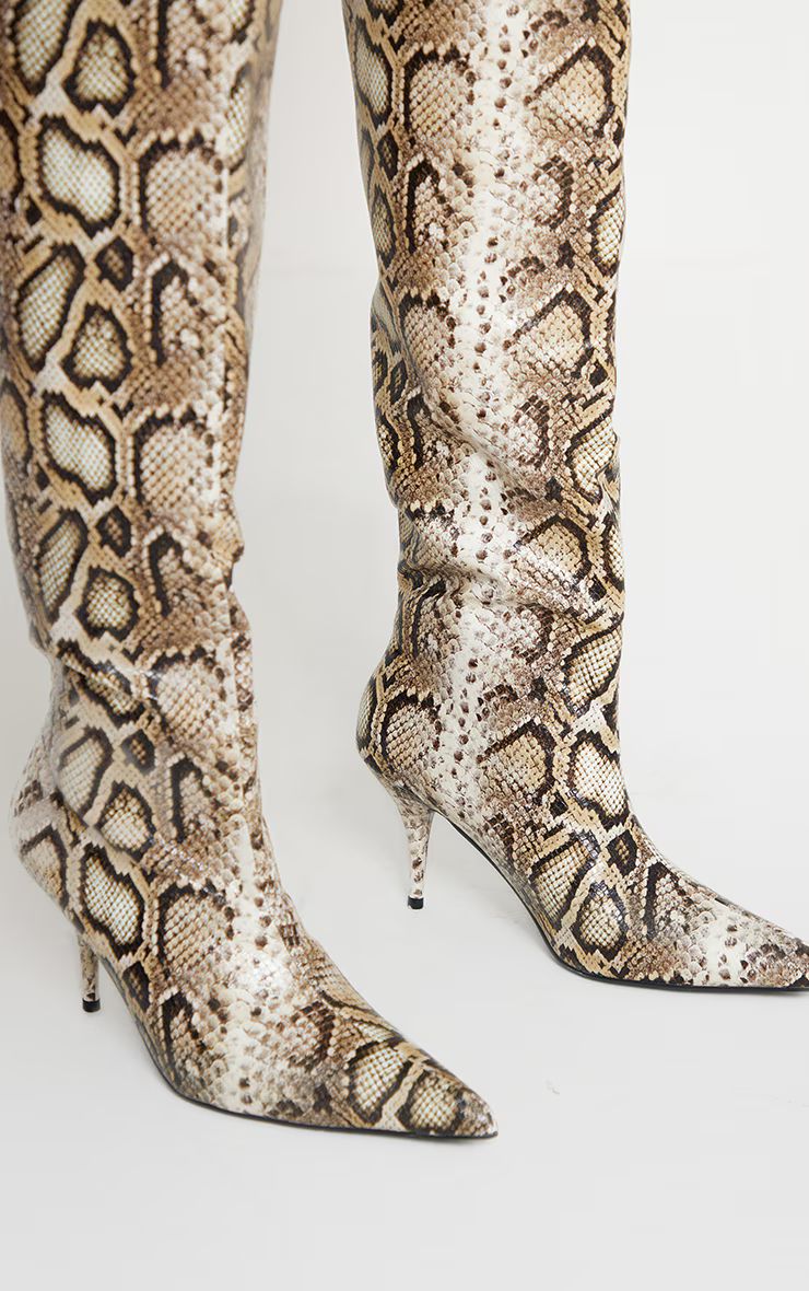 Snake Print PU Point Toe Stiletto Heeled Knee Boots | PrettyLittleThing UK