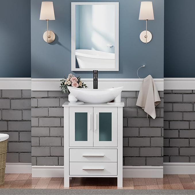 UEV 24" White Bathroom Vanity with Vessel Sink,Modern Bathroom Vanity Cabinet,Modern Artistic Cer... | Amazon (US)
