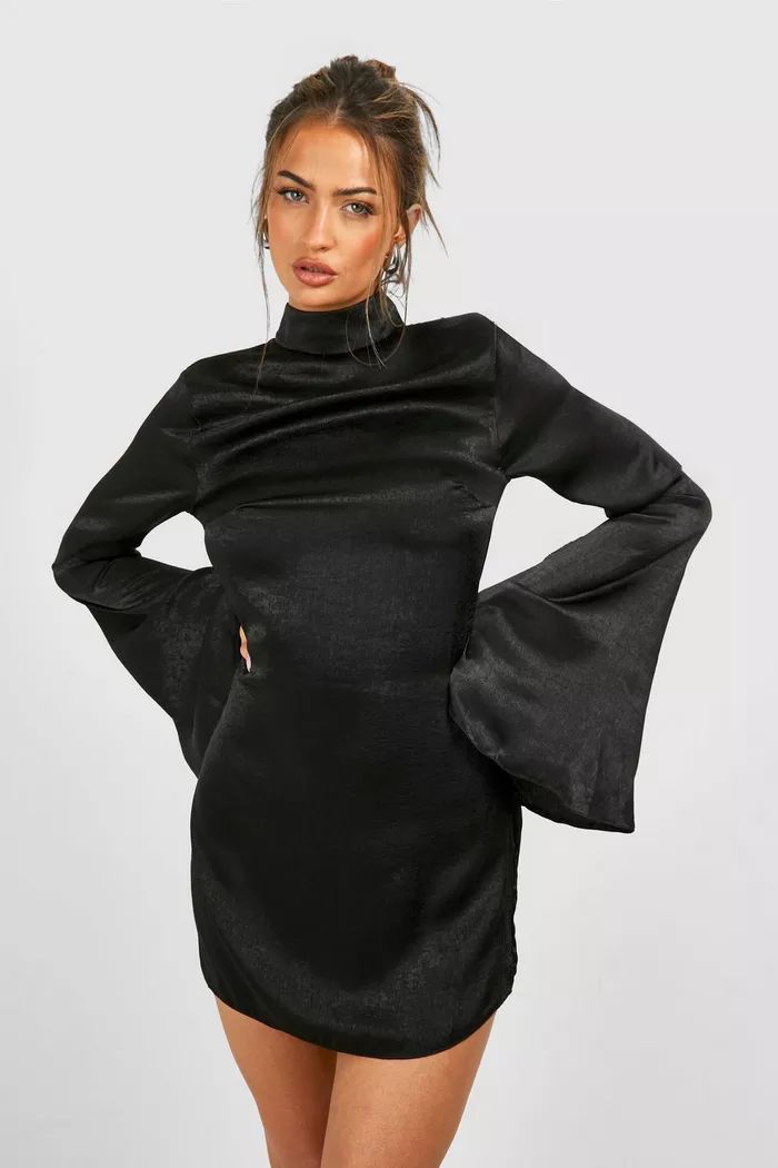 Hamered Satin Flare Sleeve Mini Dress | boohoo (US & Canada)