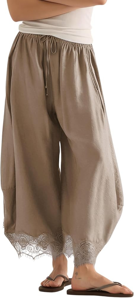 PUWEI Women's Cropped Lace-Hem Pants High Waisted Drawstring Wide Leg Pants Casual Lightweight Tr... | Amazon (US)