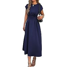 Women Summer Maxi Dress Cap Sleeve Crewneck Ruched Waist Casual Work Office Basic Long Tshirt Dre... | Amazon (US)