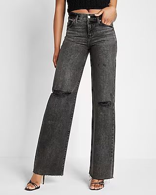 Mid Rise Black Ripped Wide Leg Palazzo Jeans | Express